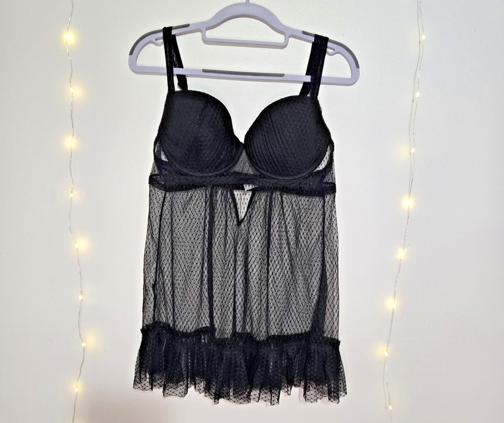 Vintage Y2K Oh La La Cheri Black Sheer Mesh Babydoll Lingerie Top Whimsigoth 38